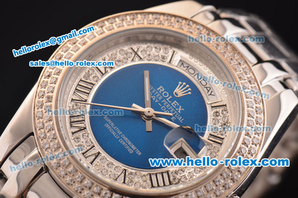 Rolex Day-Date Oyster Perpetual Automatic Full Diamond Bezel with Blue and Diamond Dial,Roman Marking-Big Calendar - Click Image to Close